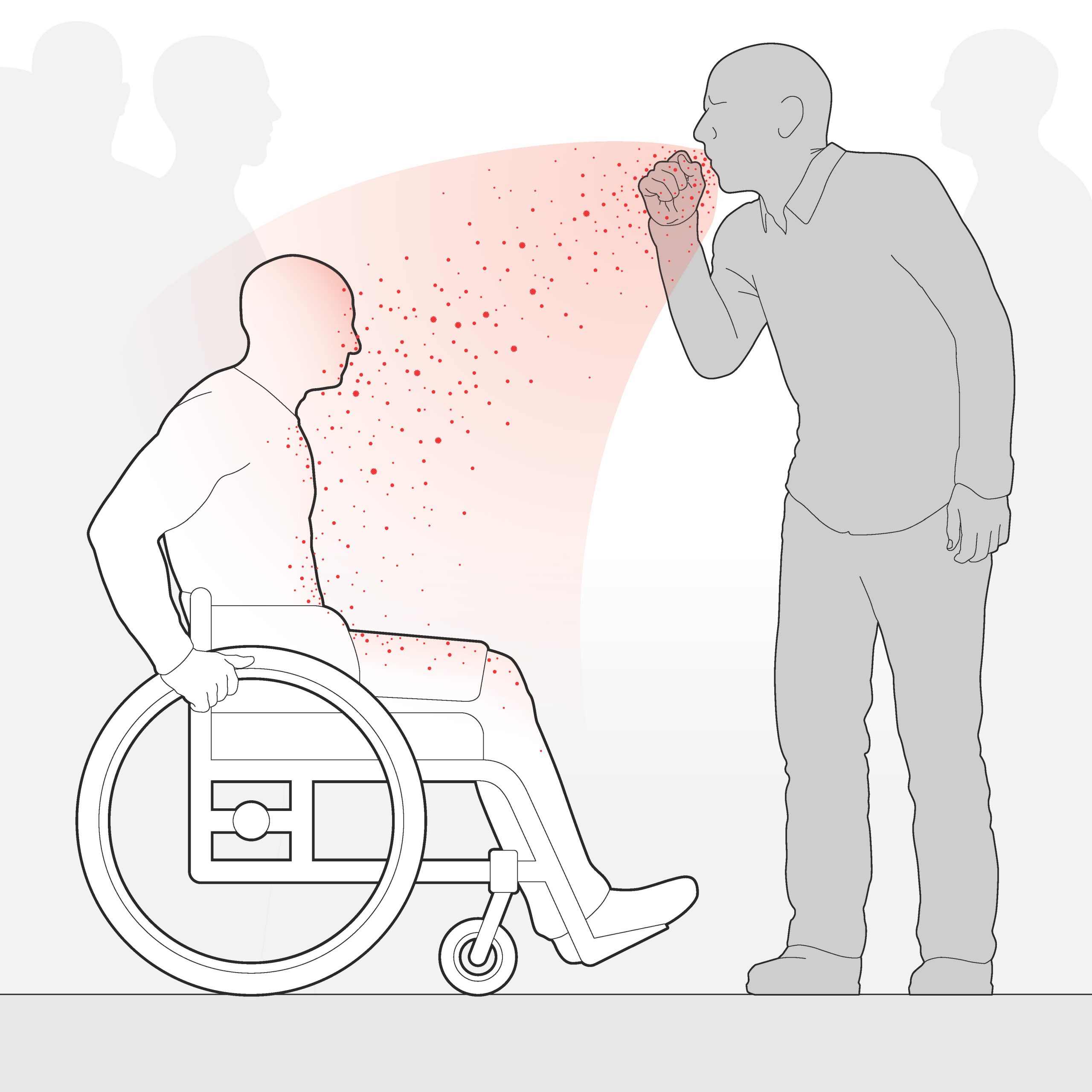 Wheelchair user in direct line of another person's cough