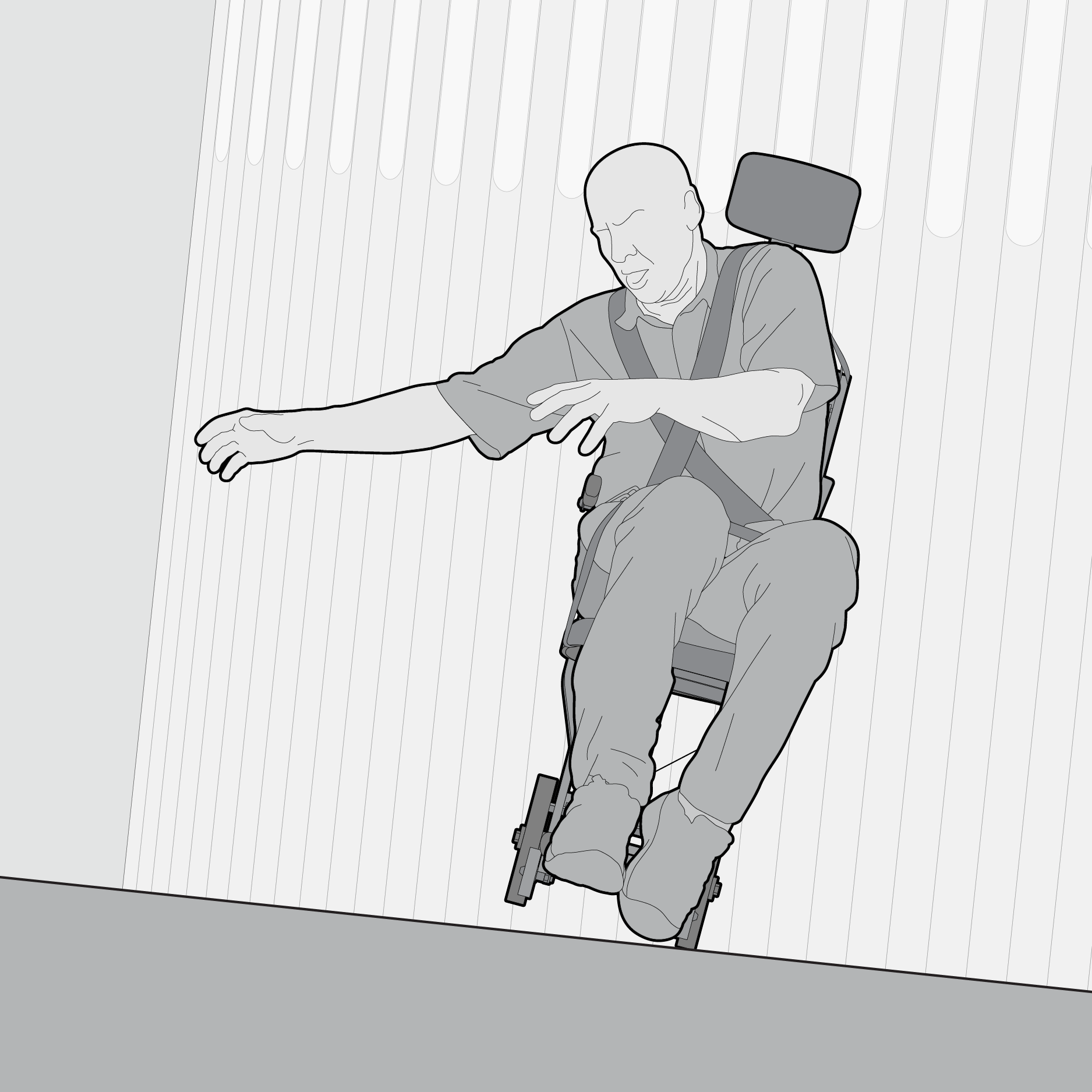 Wheelchair user seated in boarding chair tipping over in jetway