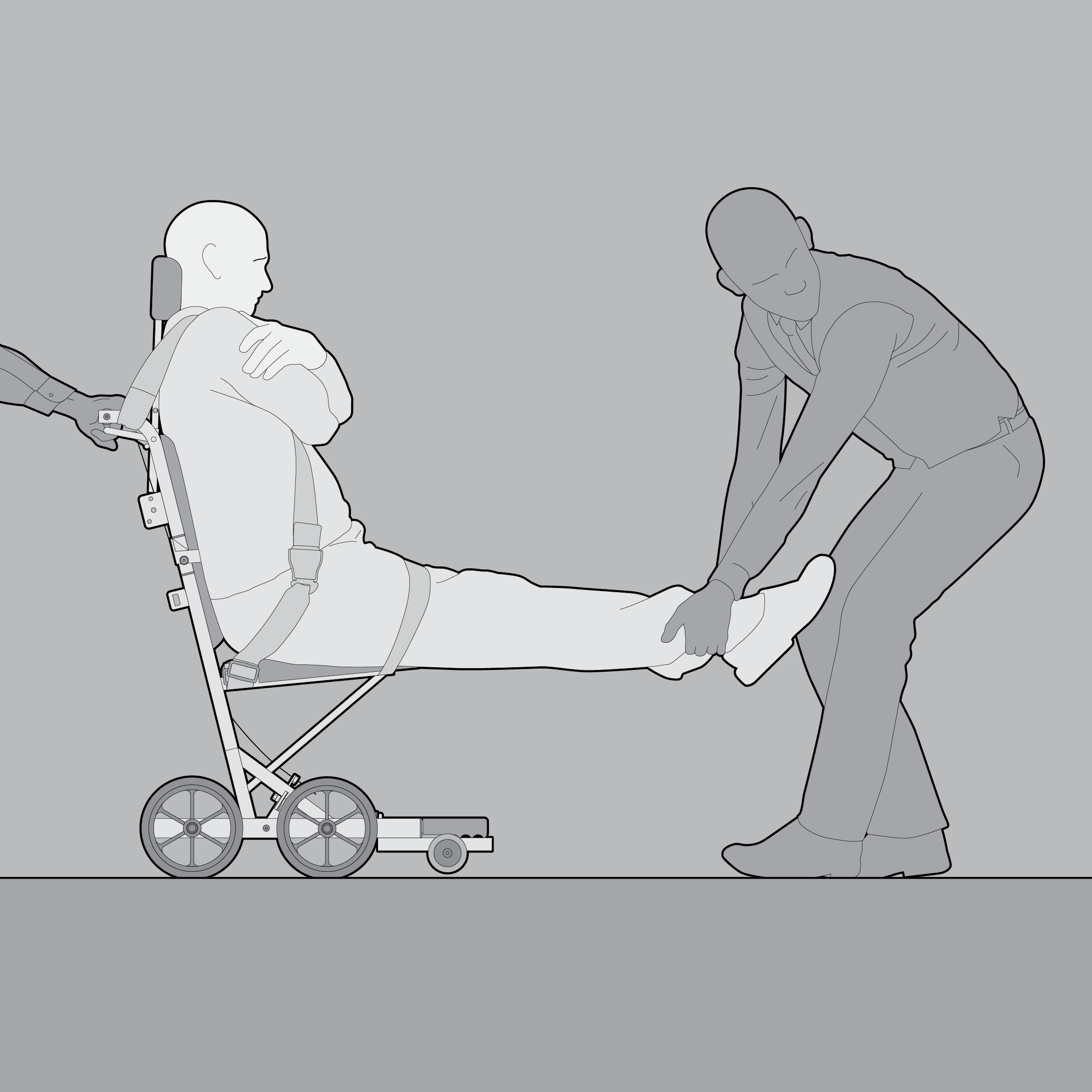 Wheelchair user's legs carried while seated in boarding chair
