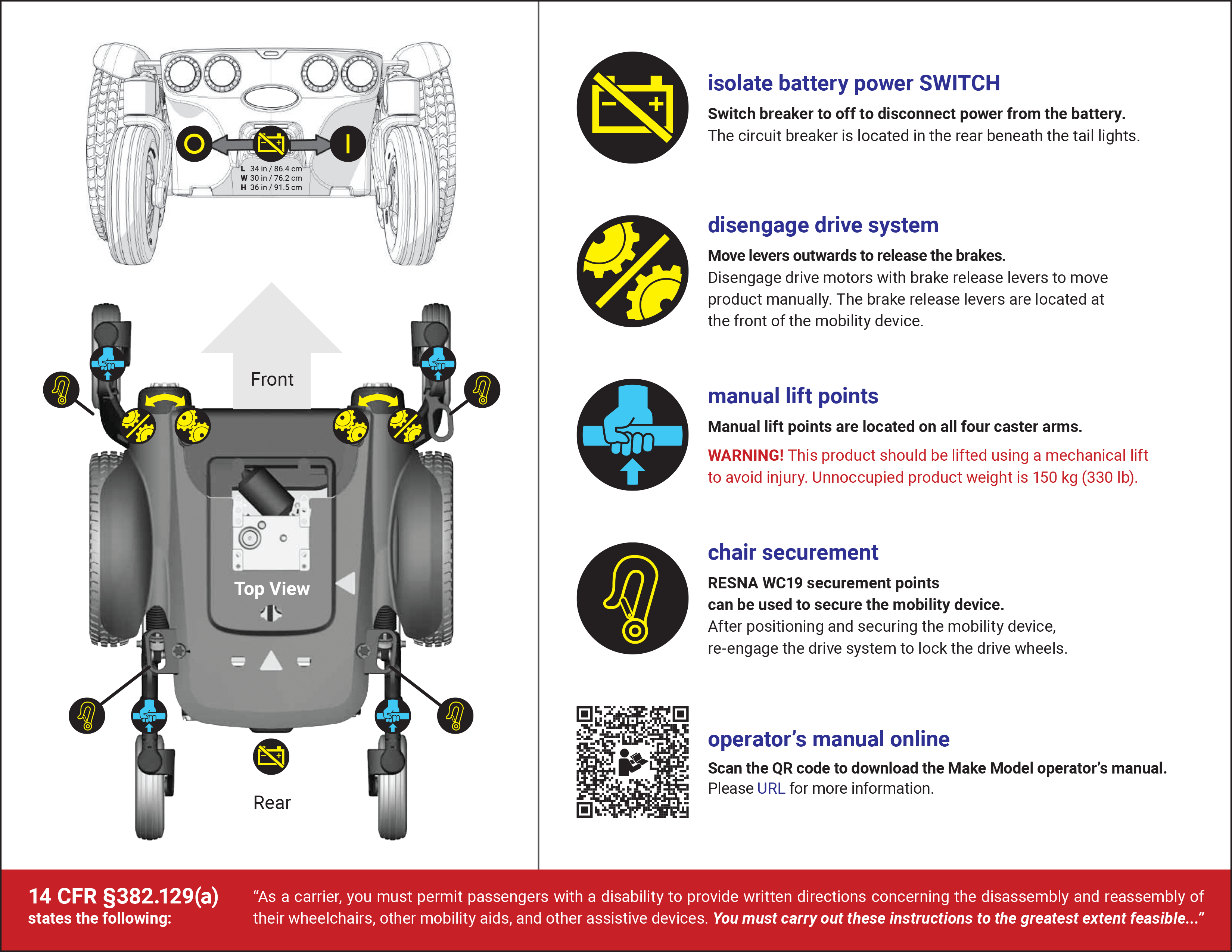 Air travel configuration card for powered wheelchair. Important air travel feature locations are shown in two images (rear and top) of the device, with the power isolation switch, drive disengagement locations, manual lift points, and chair securement locations labeled. Instructions for these features are provided to the side of the images. A QR code provides a link to the operator's manual online. The bottom of the page shows 14 CFR Section 382.129(a) which states the responsibility of air carriers to carry out passenger instructions to the greatest extent feasible.