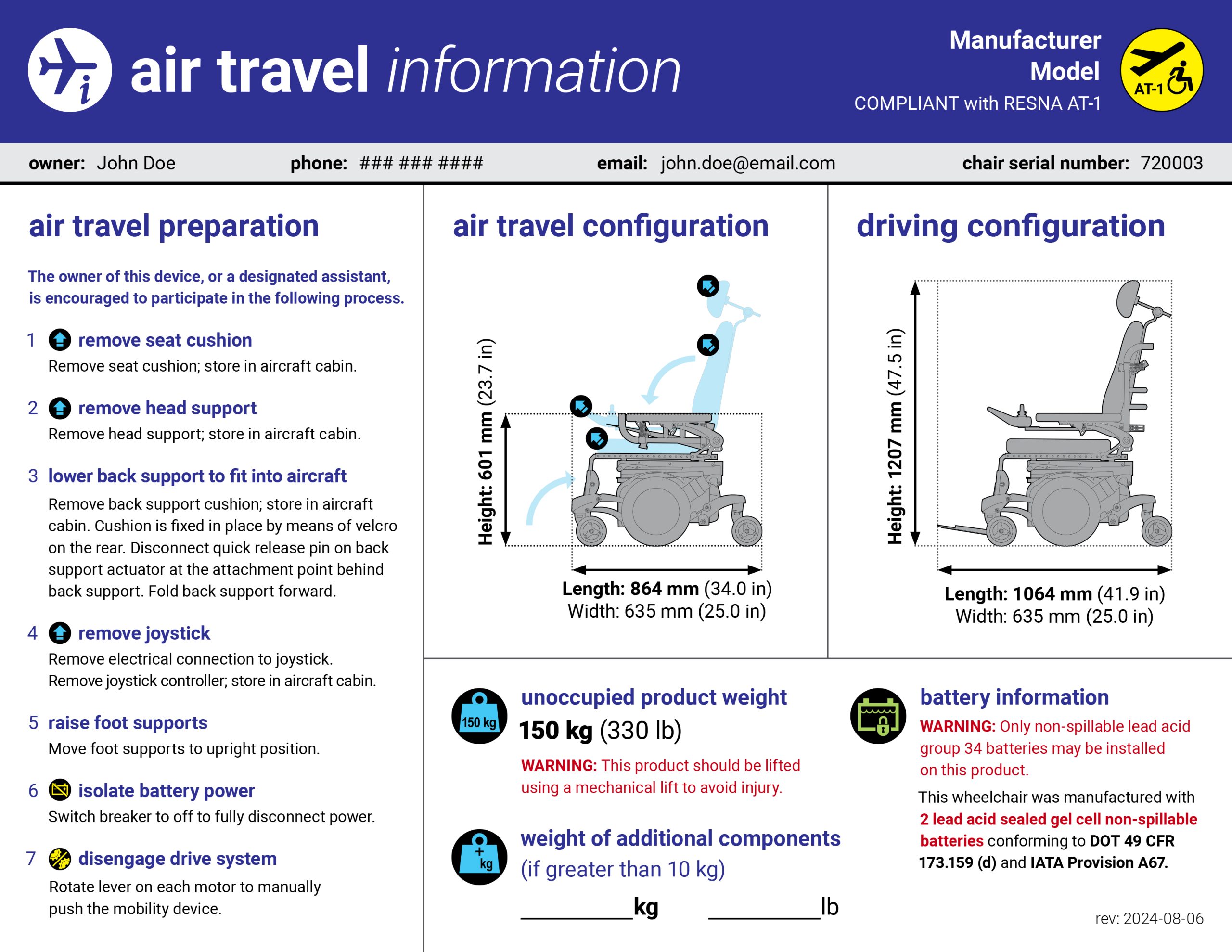 Front side of air travel configuration card for powered wheelchair. The title is air travel information. Manufacturer, model, and a RESNA AT-1 compliance indication are provided in the top right corner. Owner information and chair serial number are listed below the header. Then the air travel preparation steps are listed. Two images are provided, showing the air travel configuration and dimensions, as well as the driving configuration and dimensions. The unoccupied weight of the device is provided along with the weight of additional components. Battery information is listed in the bottom right corner, above a revision date for the document.
