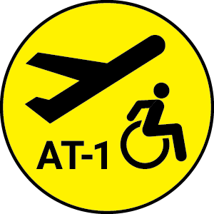 Symbol representing compliance with RESNA AT-1. Aircraft symbol taking off over AT-1 and a person using a wheelchair.