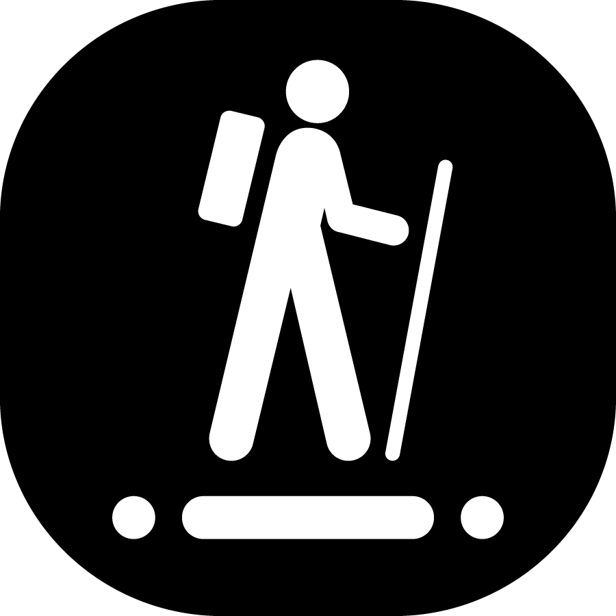 Icon representing trail length, showing a hiker walking above a trail line with end points