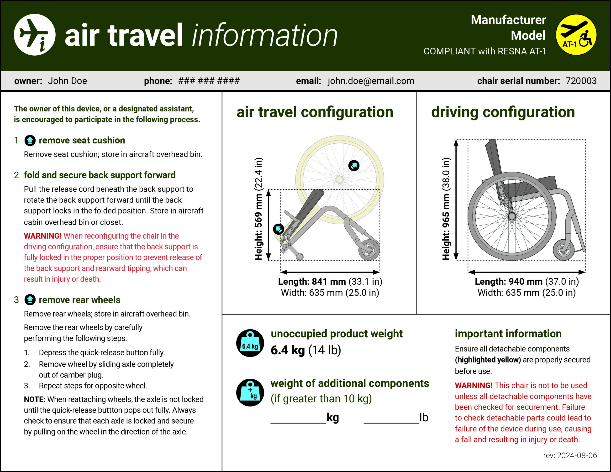 Air travel configuration card front side for manual wheelchair